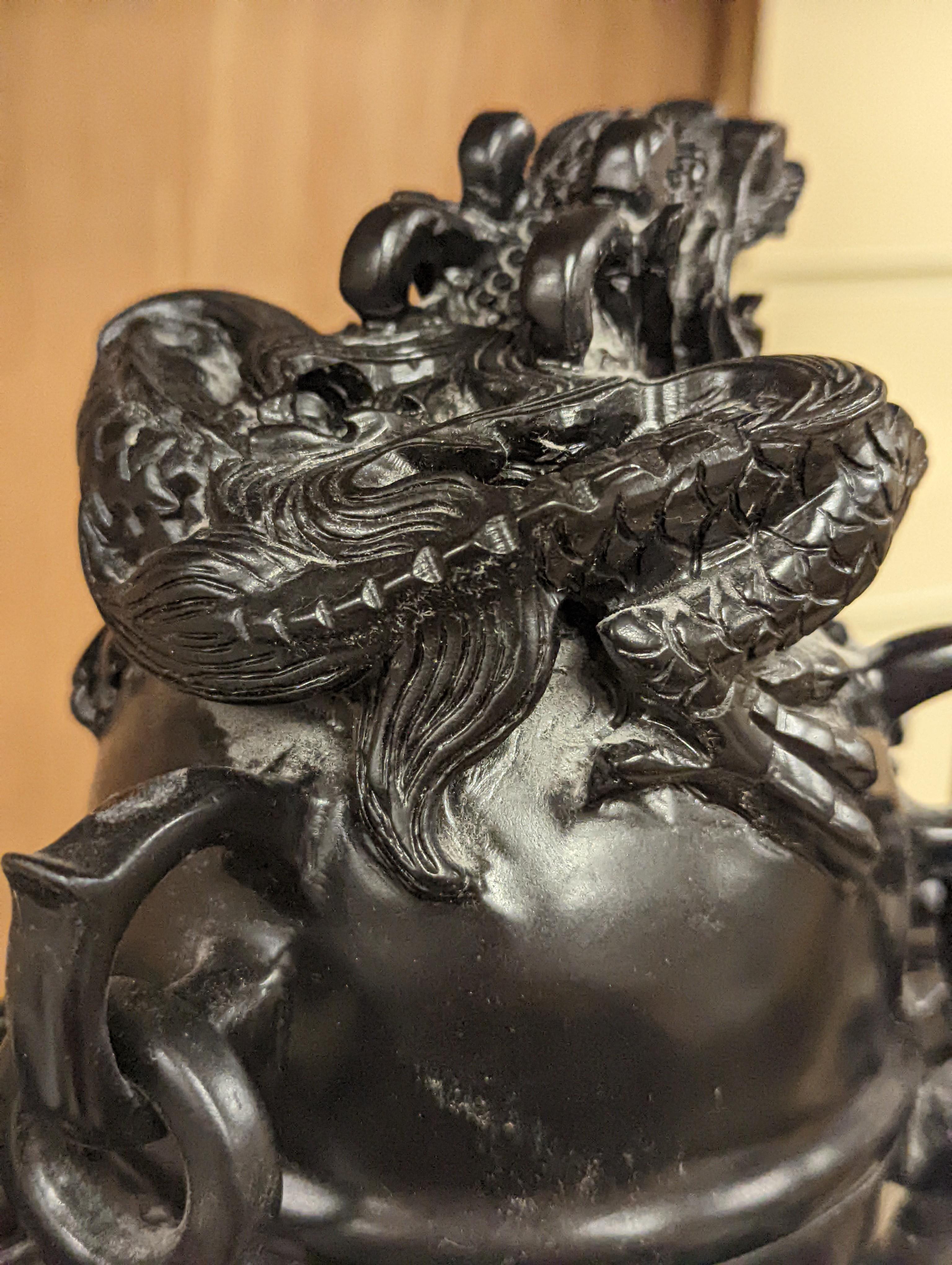 A large decorative Chinese black hardstone tripod censer and cover - 25.5cm high